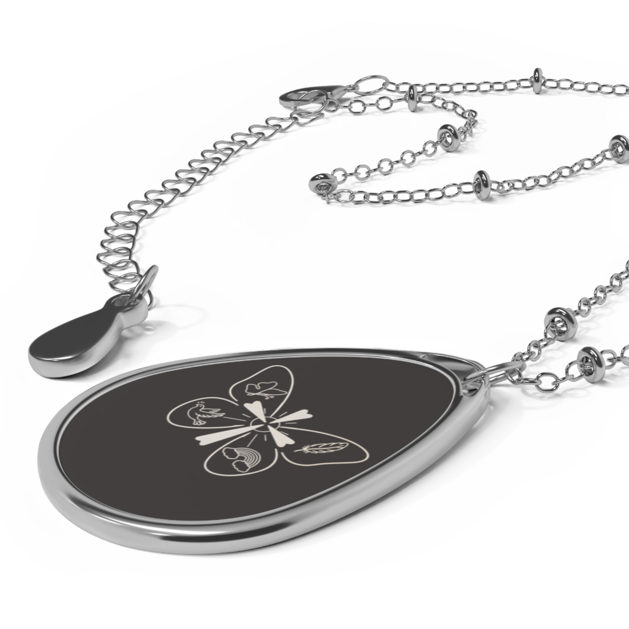 Oval Butterfly Locket Necklace – Engraved Teardrop Pendant Jewelry