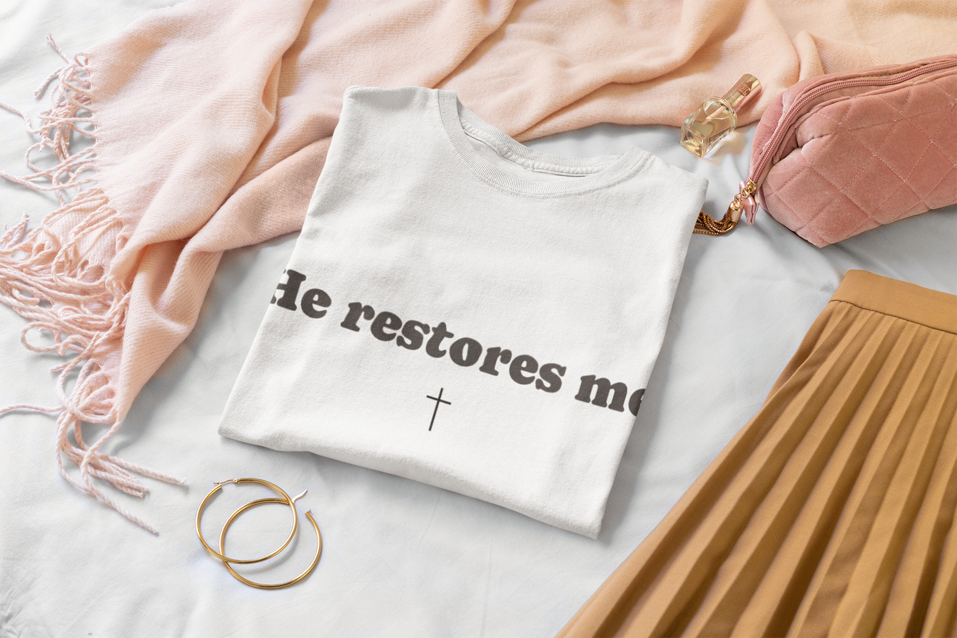 "He restores me Tee" A quiet reminder of restoration and healing.  Created for the moments when you’re learning to soften again.