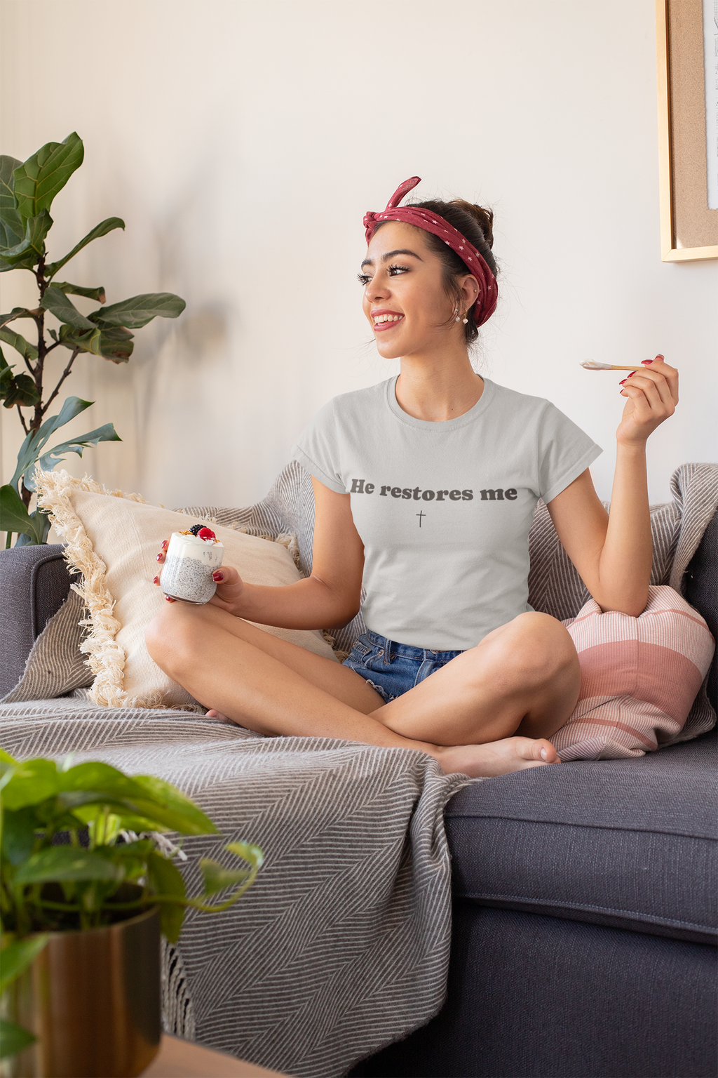 "He restores me Tee" A quiet reminder of restoration and healing.  Created for the moments when you’re learning to soften again.