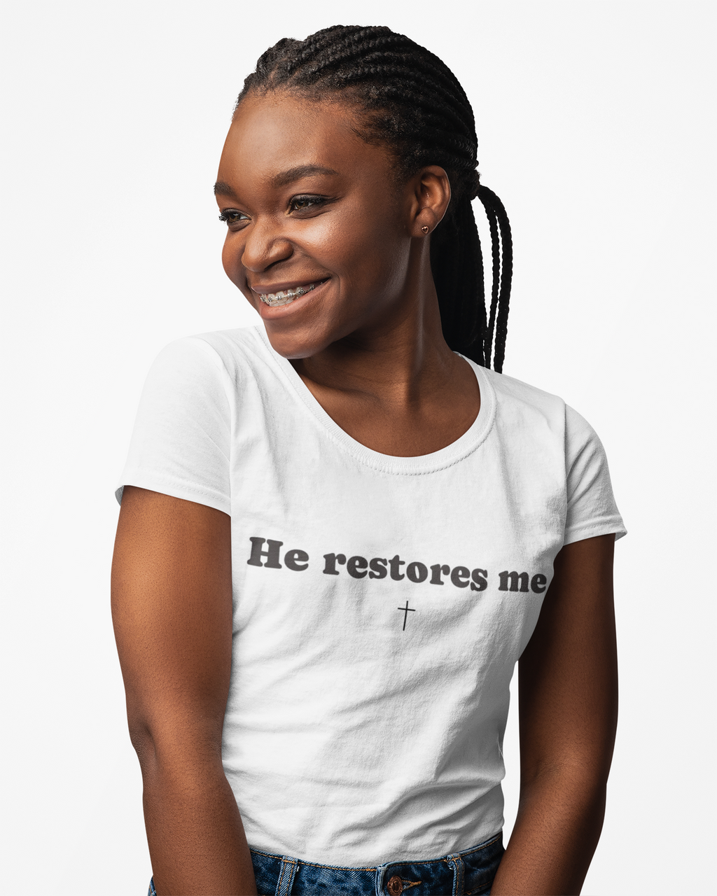 "He restores me Tee" A quiet reminder of restoration and healing.  Created for the moments when you’re learning to soften again.