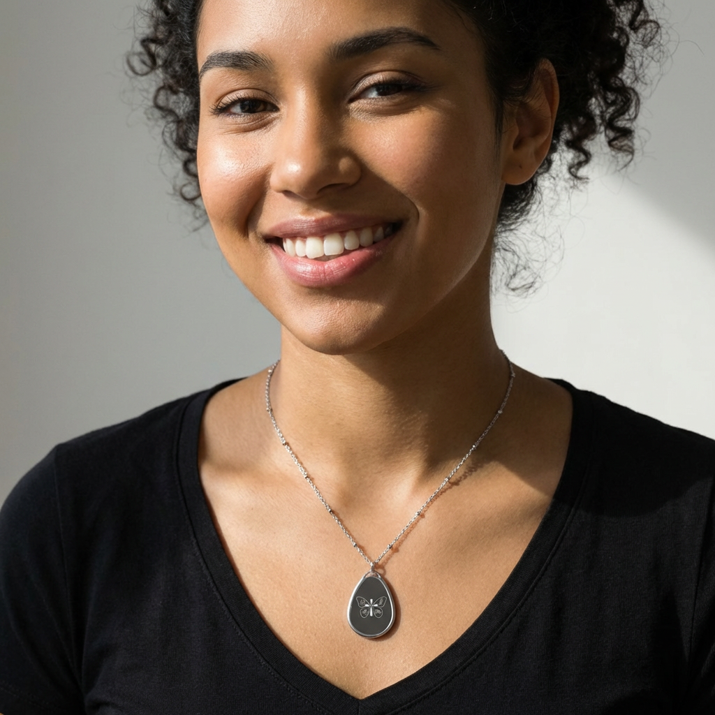 Oval Butterfly Locket Necklace – Engraved Teardrop Pendant Jewelry