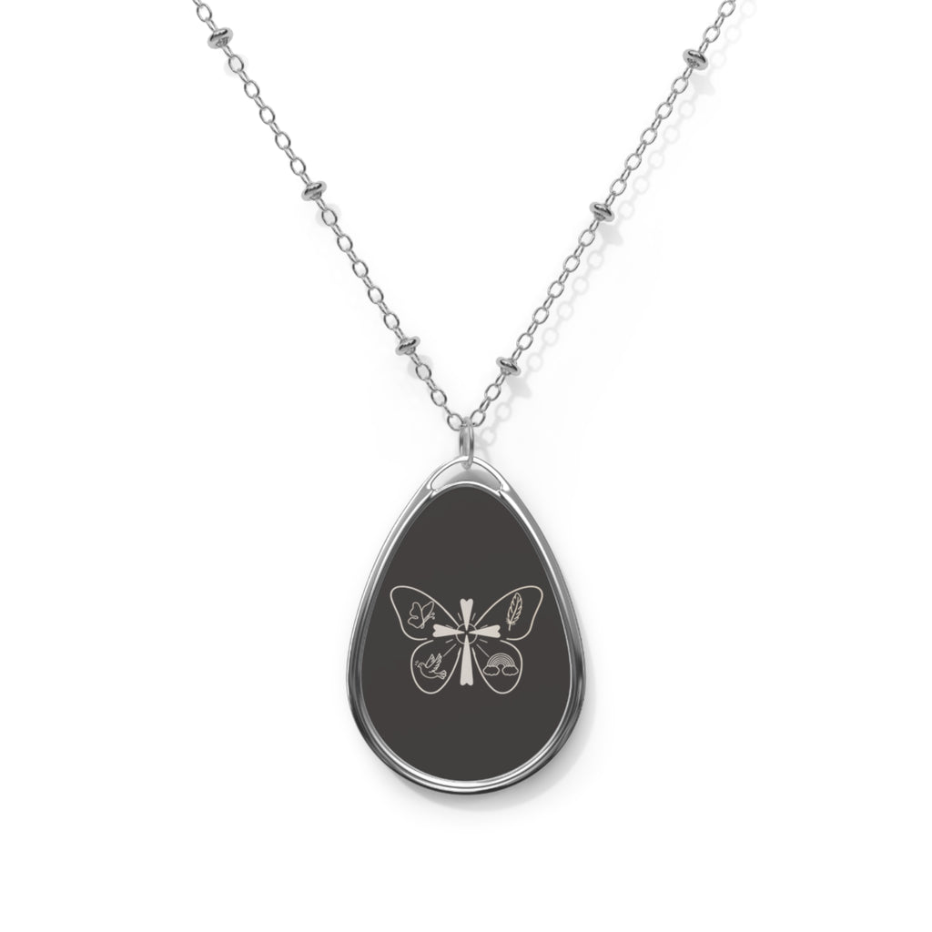 Oval Butterfly Locket Necklace – Engraved Teardrop Pendant Jewelry