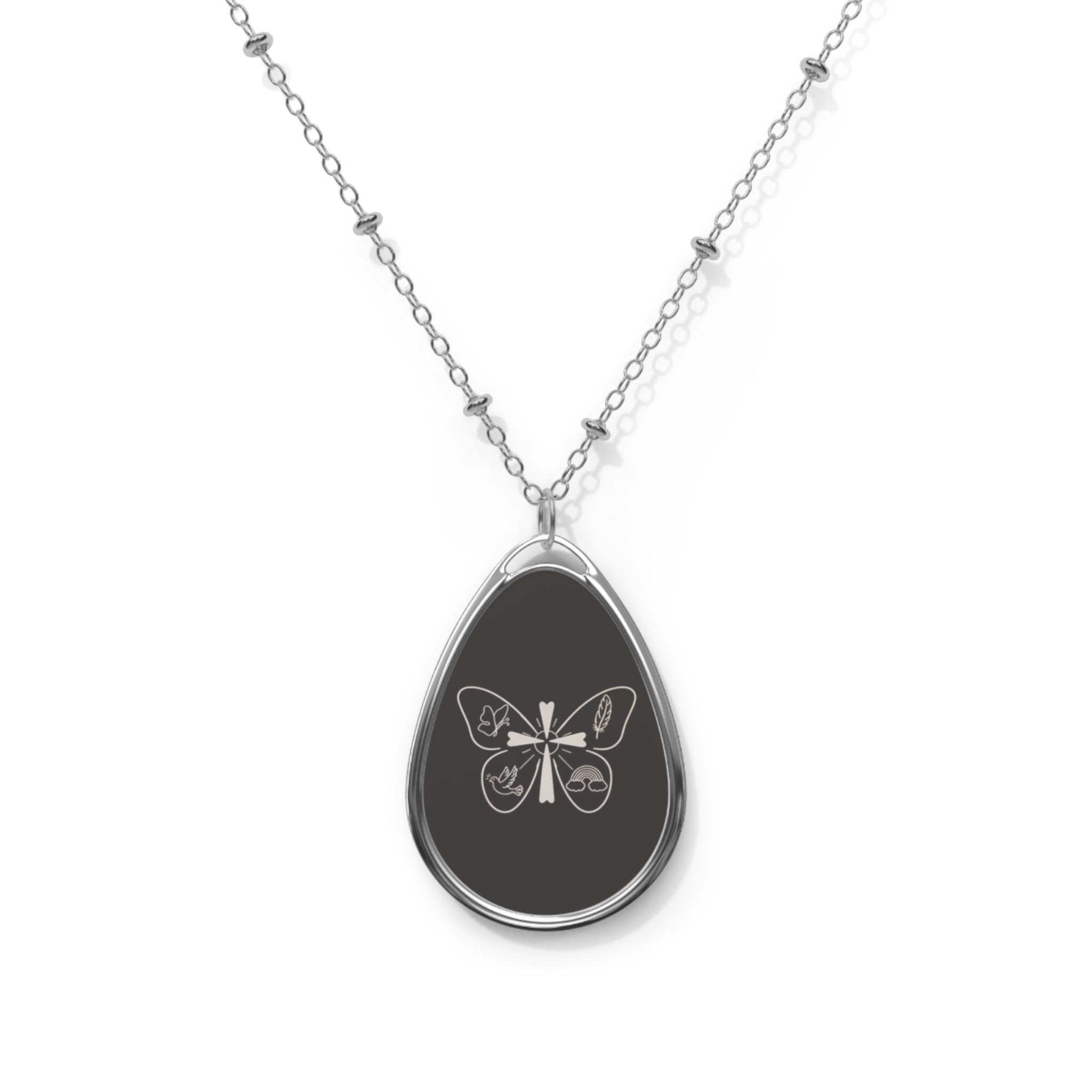 Oval Butterfly Locket Necklace – Engraved Teardrop Pendant Jewelry